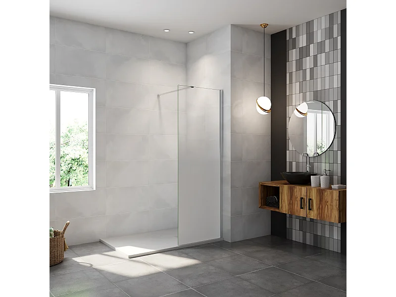 Paroi de douche verre trempé sérigraphié Brume en 8 mm verre - 60 x 200 cm - Profilés chrome avec barre de fixation 140cm