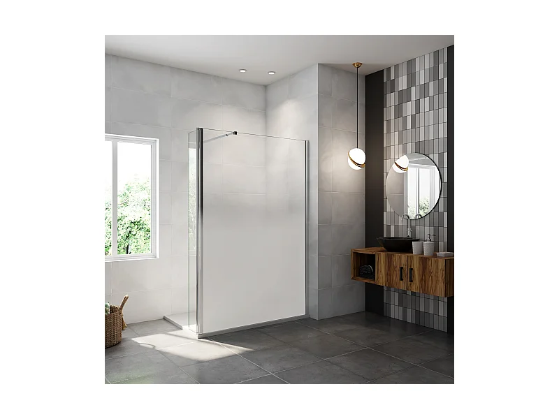Paroi de douche avec 40 cm retour pivotant - 90 x 200 cm - 8 mm Verre effet Brume, finition chrome avec barre de fixation 73-120cm