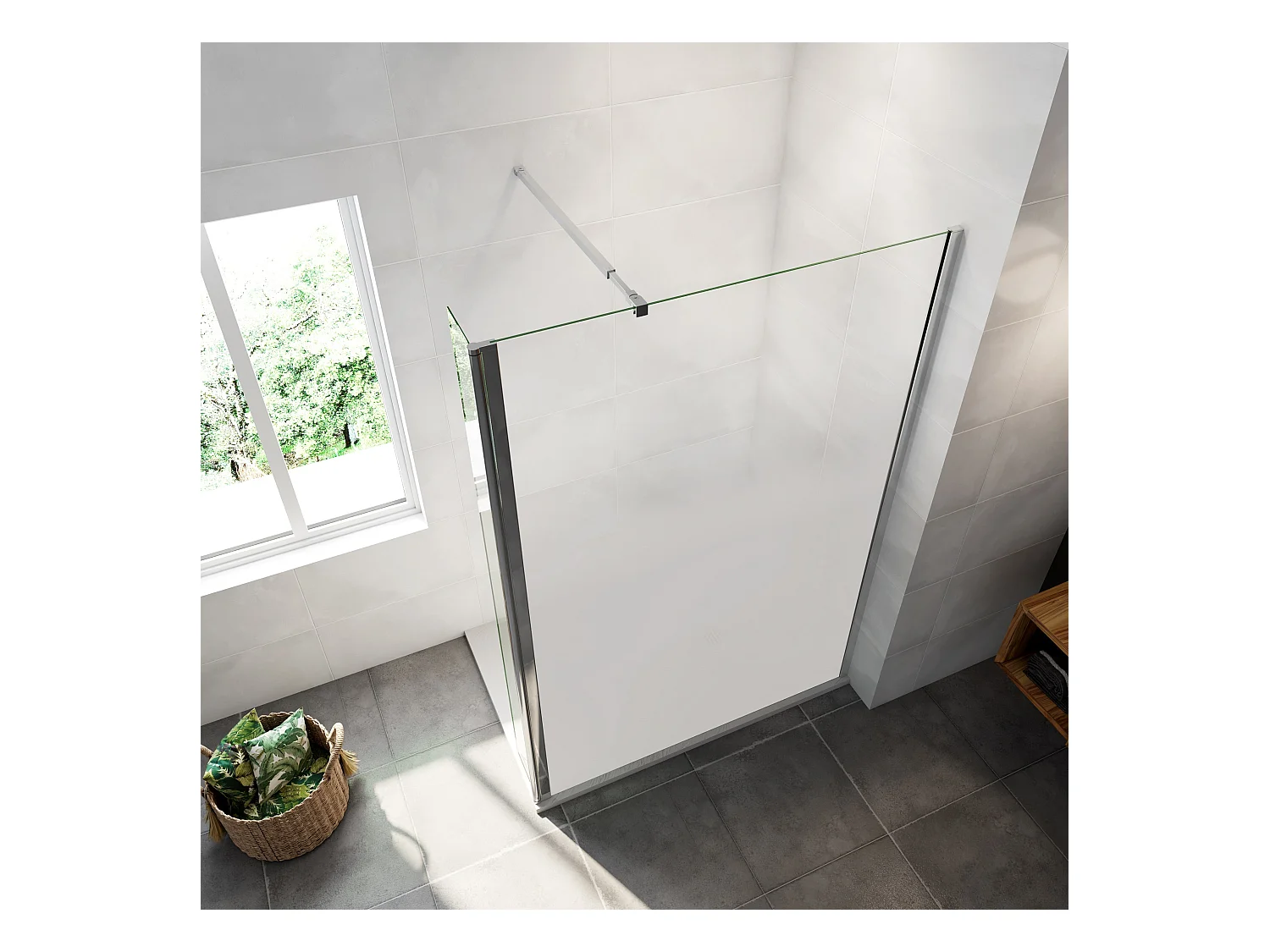 Paroi de douche avec 40 cm retour pivotant - 90 x 200 cm - 8 mm Verre effet Brume, finition chrome avec barre de fixation 73-120cm