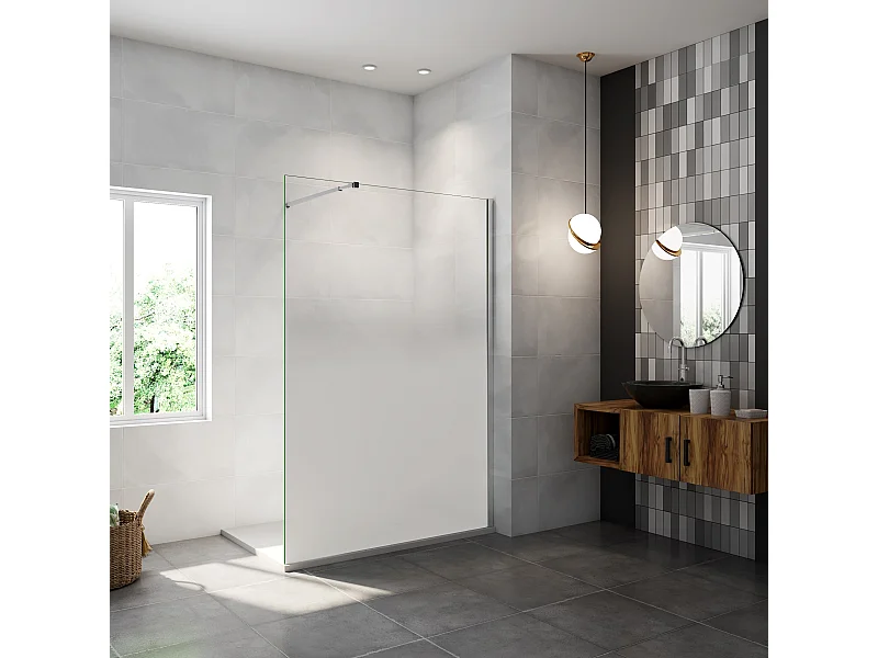 Douchewand van gehard glas met zeefdruk - 140 x 200 cm - 8 mm glas met misteffect, chroomafwerking met montagestang van 73-120 cm