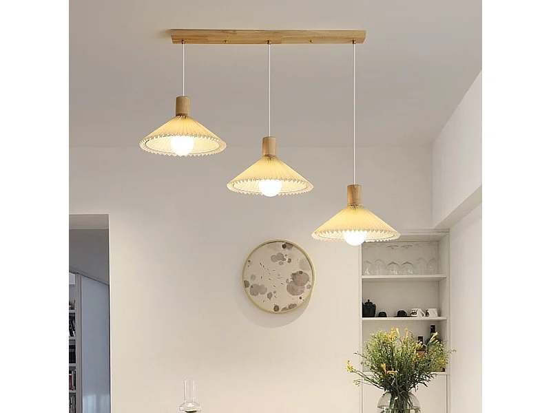 Lustre nordique à trois têtes en tissu plissé + fil de suspension en bois 1,2 mètre Douille E27 sans ampoules, pour salon/chambre/cuisine