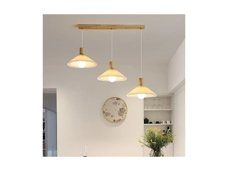 Lustre nordique à trois têtes en tissu plissé + fil de suspension en bois 1,2 mètre Douille E27 sans ampoules, pour salon/chambre/cuisine
