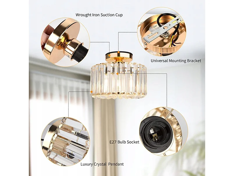 Haobosic Plafonnier cristal forme ronde allongée, finition or, douille E27, sans ampoule, 20cm