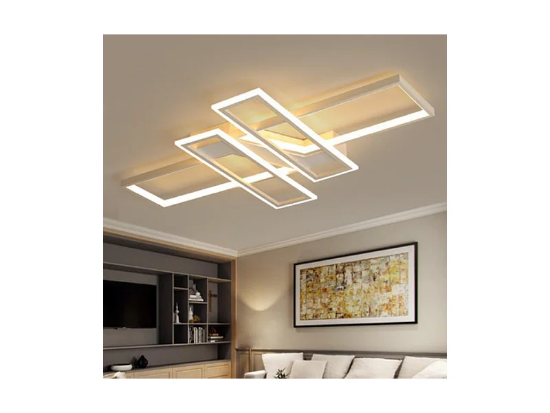 Plafonnier LED rectangulaire blanc 65 W, lumière blanche chaude, idéal pour un salon, une chambre ou une cuisine.