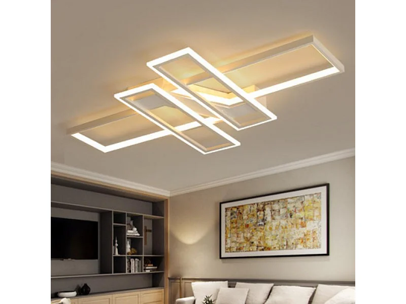 Plafonnier LED rectangulaire blanc 65 W, lumière blanche chaude, idéal pour un salon, une chambre ou une cuisine.