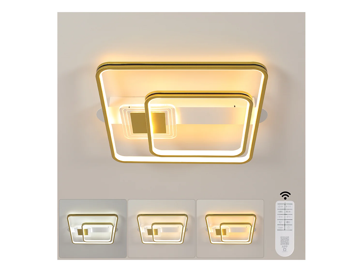 Plafonnier LED carré moderne simple blanc + or avec télécommande 55W pour salon / chambre / cuisine