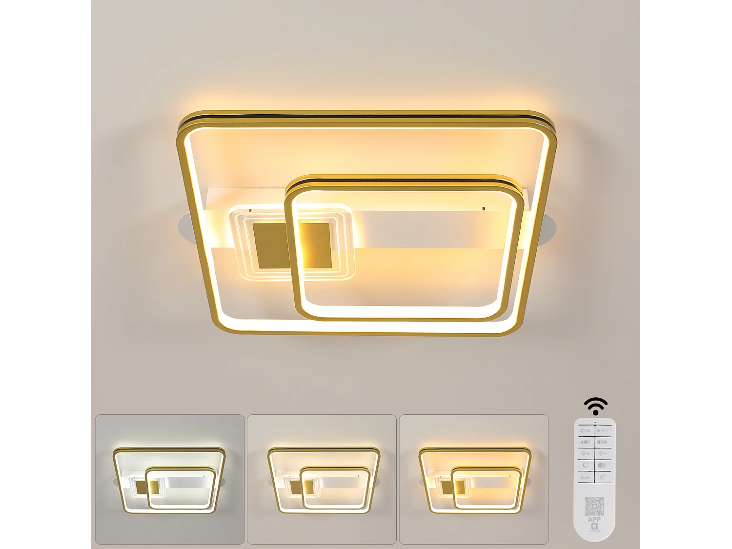 Plafonnier LED carré moderne simple blanc + or avec télécommande 55W pour salon / chambre / cuisine