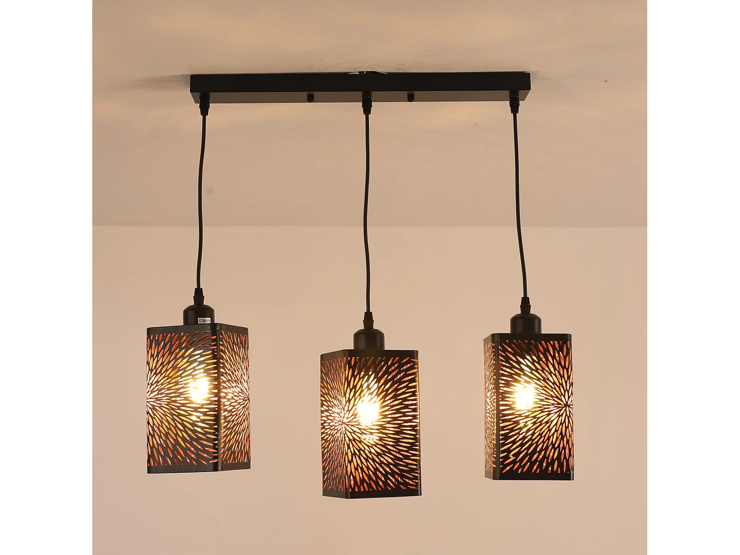 Lustre à trois têtes creuses en forme de feux d'artifice noir + fil de suspension doré 140CME27 tête de lampe n'inclut pas les ampoules, pour salon/chambre/cuisine