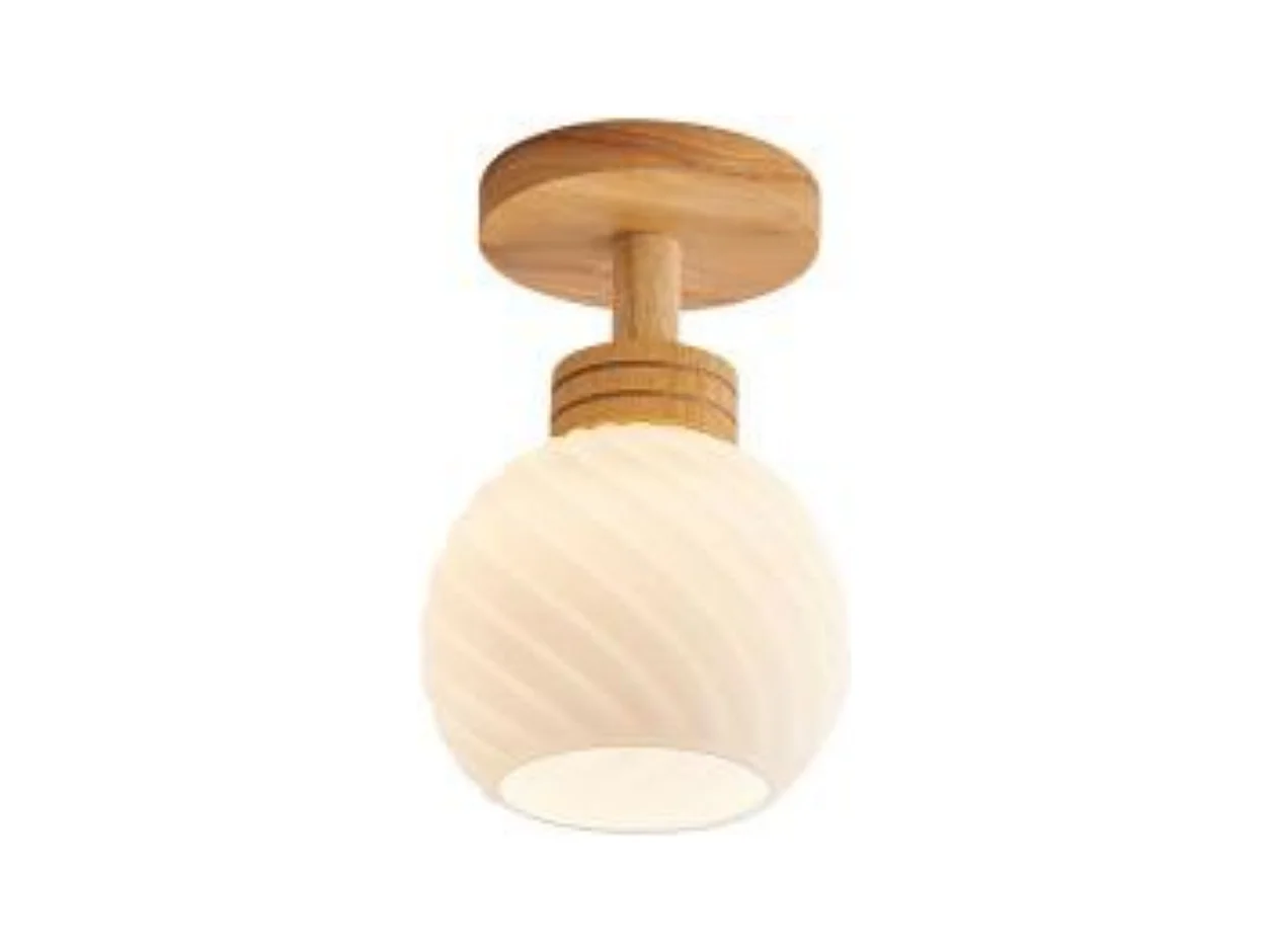 Plafonnier nordique en bois et verre, abat-jour rond en verre couleur bois, douille E27 sans ampoule, pour salon/chambre/cuisine