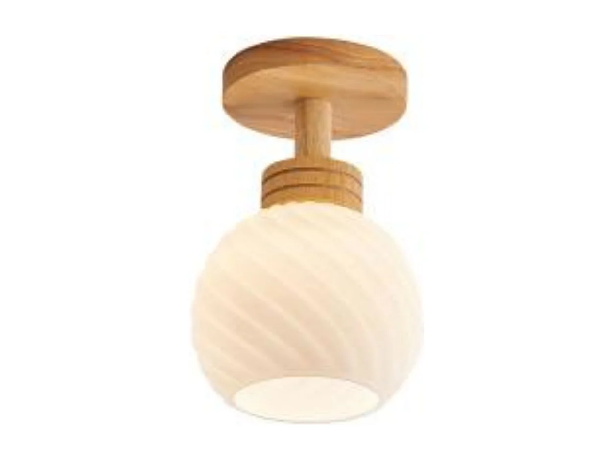 Plafonnier nordique en bois et verre, abat-jour rond en verre couleur bois, douille E27 sans ampoule, pour salon/chambre/cuisine