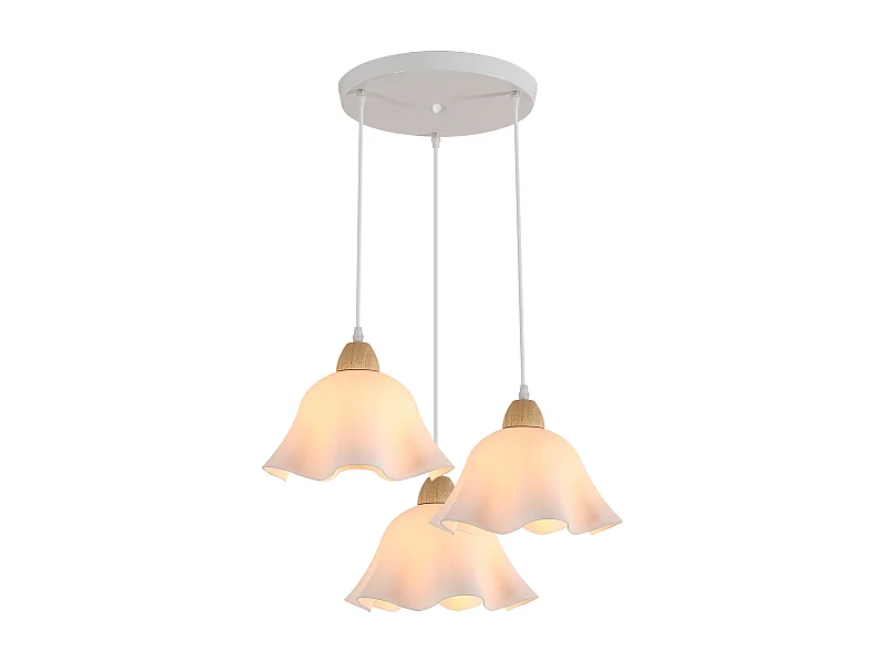 Lustre en acrylique en forme de fleur blanc + fil de suspension en bois à trois têtes 1,2 mètre Douille E27 n'inclut pas les ampoules, pour salon/chambre/cuisine
