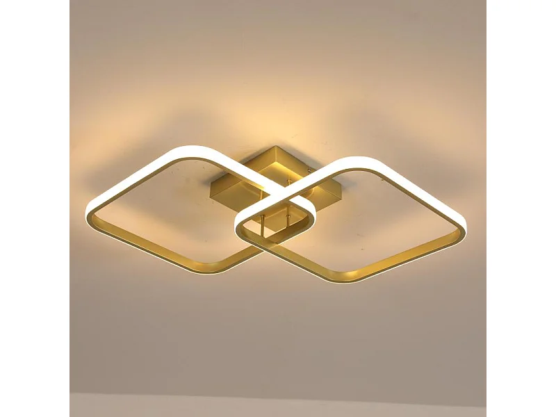 Plafonnier LED carré en aluminium doré 42 W, lumière chaude, idéal pour un salon, une chambre ou une cuisine