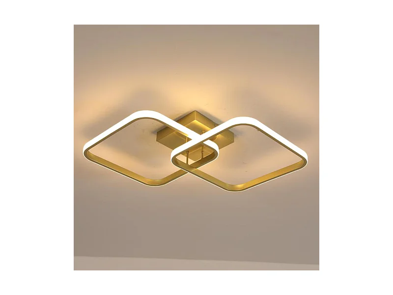 Plafonnier LED carré en aluminium doré 42 W, lumière chaude, idéal pour un salon, une chambre ou une cuisine