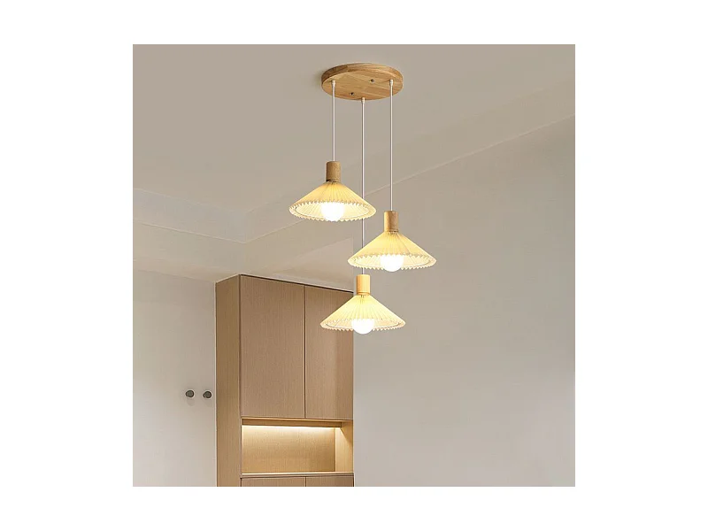 Lustre en tissu plissé nordique + fil de suspension en bois à trois têtes 1,2 mètre Douille E27 n'inclut pas les ampoules, pour salon/chambre/cuisine