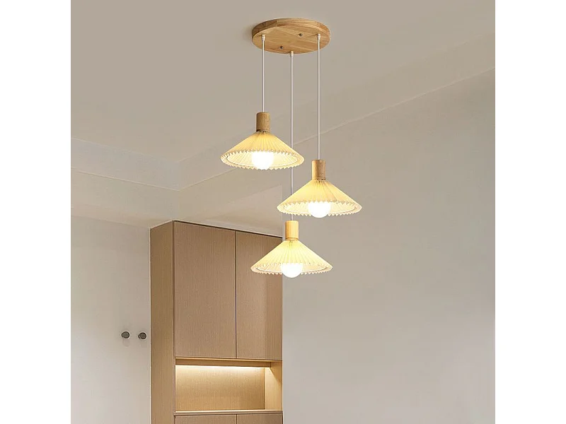 Lustre en tissu plissé nordique + fil de suspension en bois à trois têtes 1,2 mètre Douille E27 n'inclut pas les ampoules, pour salon/chambre/cuisine