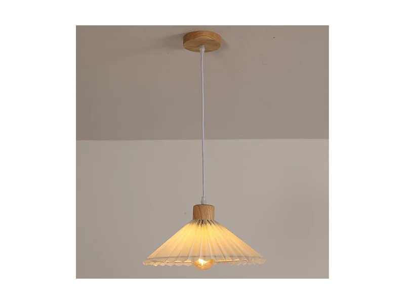 Lustre en tissu plissé nordique + fil de suspension en bois 1,2 mètre Douille E27 sans ampoules, pour salon/chambre/cuisine