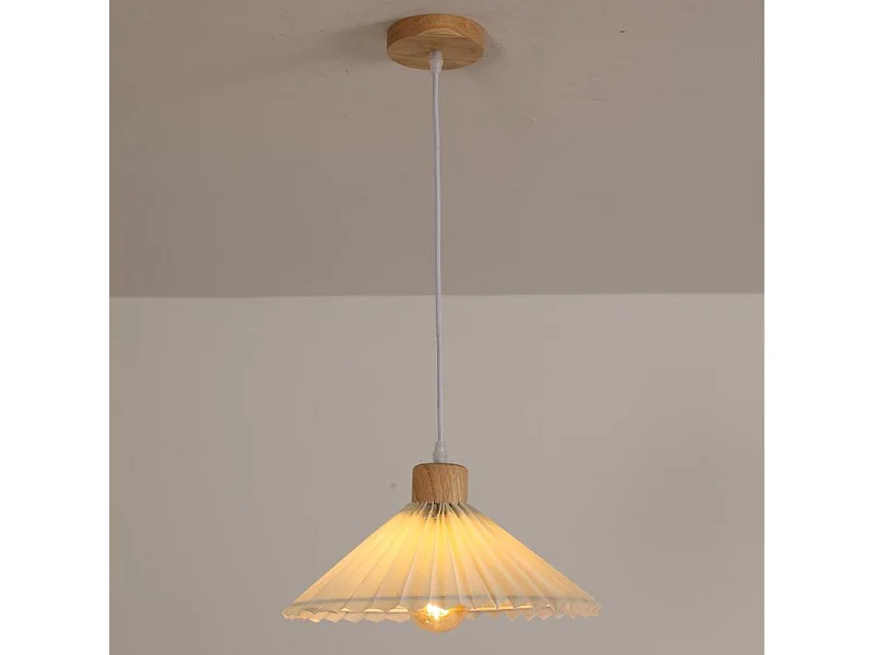 Lustre en tissu plissé nordique + fil de suspension en bois 1,2 mètre Douille E27 sans ampoules, pour salon/chambre/cuisine