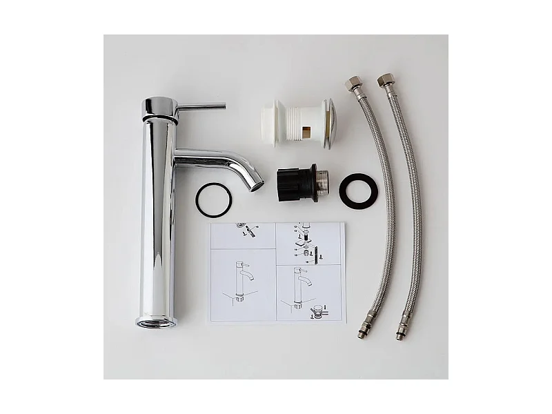 Mitigeur monotrou haut pour lavabo "Velthara" en laiton chromé pour plan de travail