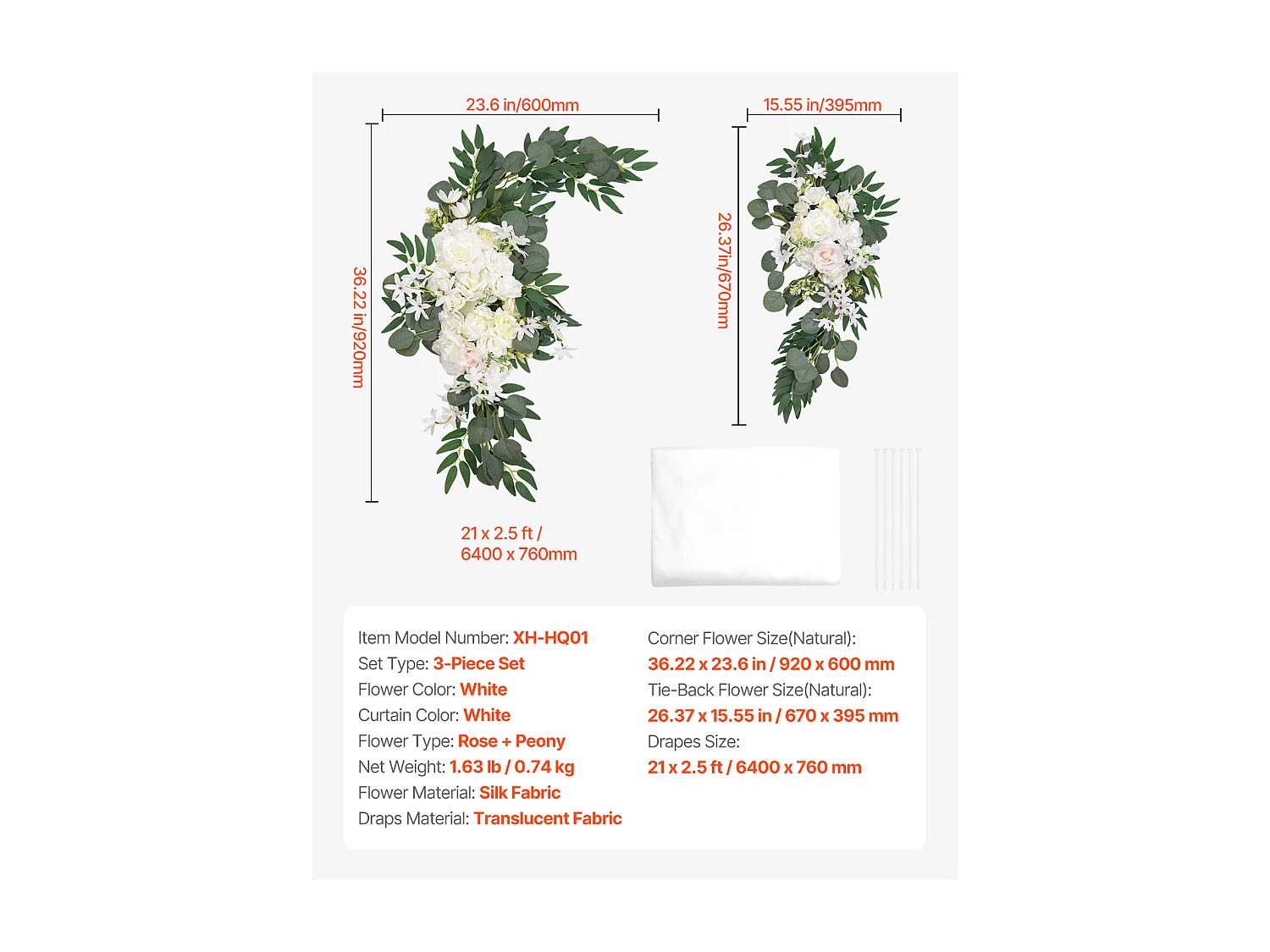 Arche de Mariage SucceBuy Kit de Fleurs Artificielles pour Arche de Mariage, Blanc, 2 Fleurs et 1 Rideau