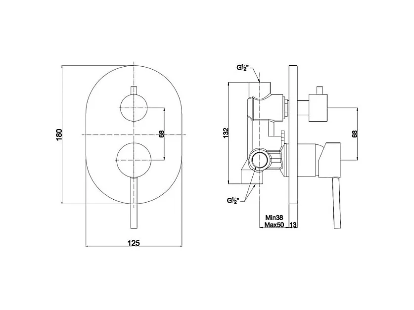 Mitigeur encastré avec inverseur pour douche "Nyssa" en laiton chromé pour mur