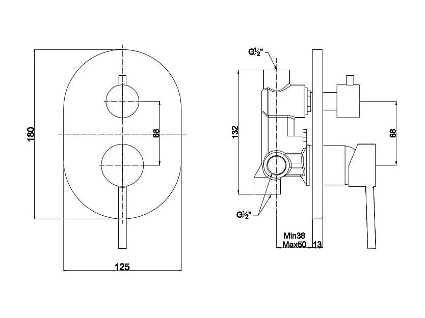 Mezclador de ducha empotrado "Theris" con desviador en latón negro con acabado mate