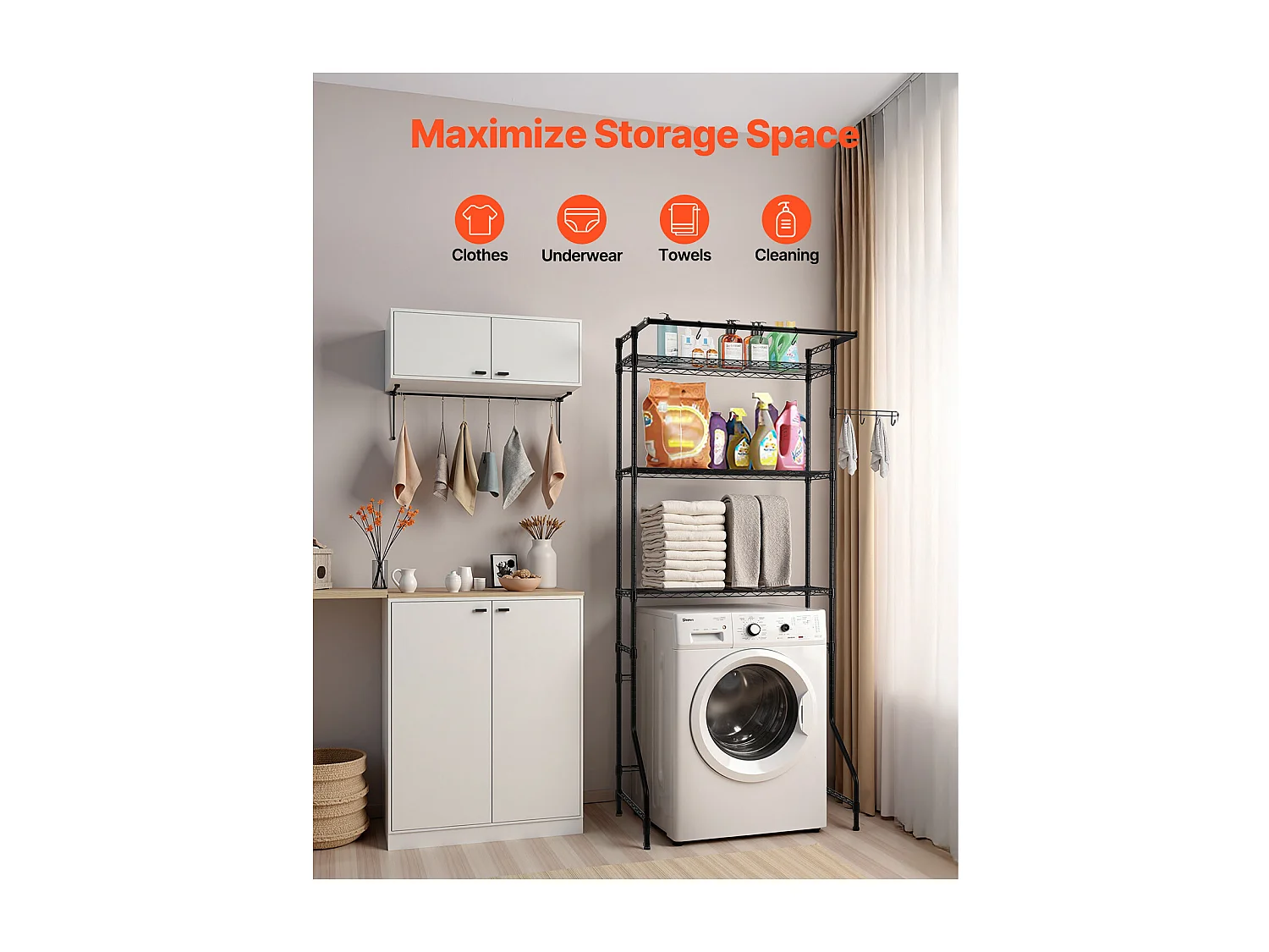 Étagère pour Lave-Linge SucceBuy Étagère de Rangement pour Laveuse et Sécheuse, Une Rangée, Étagère à 3 Niveaux, Noire