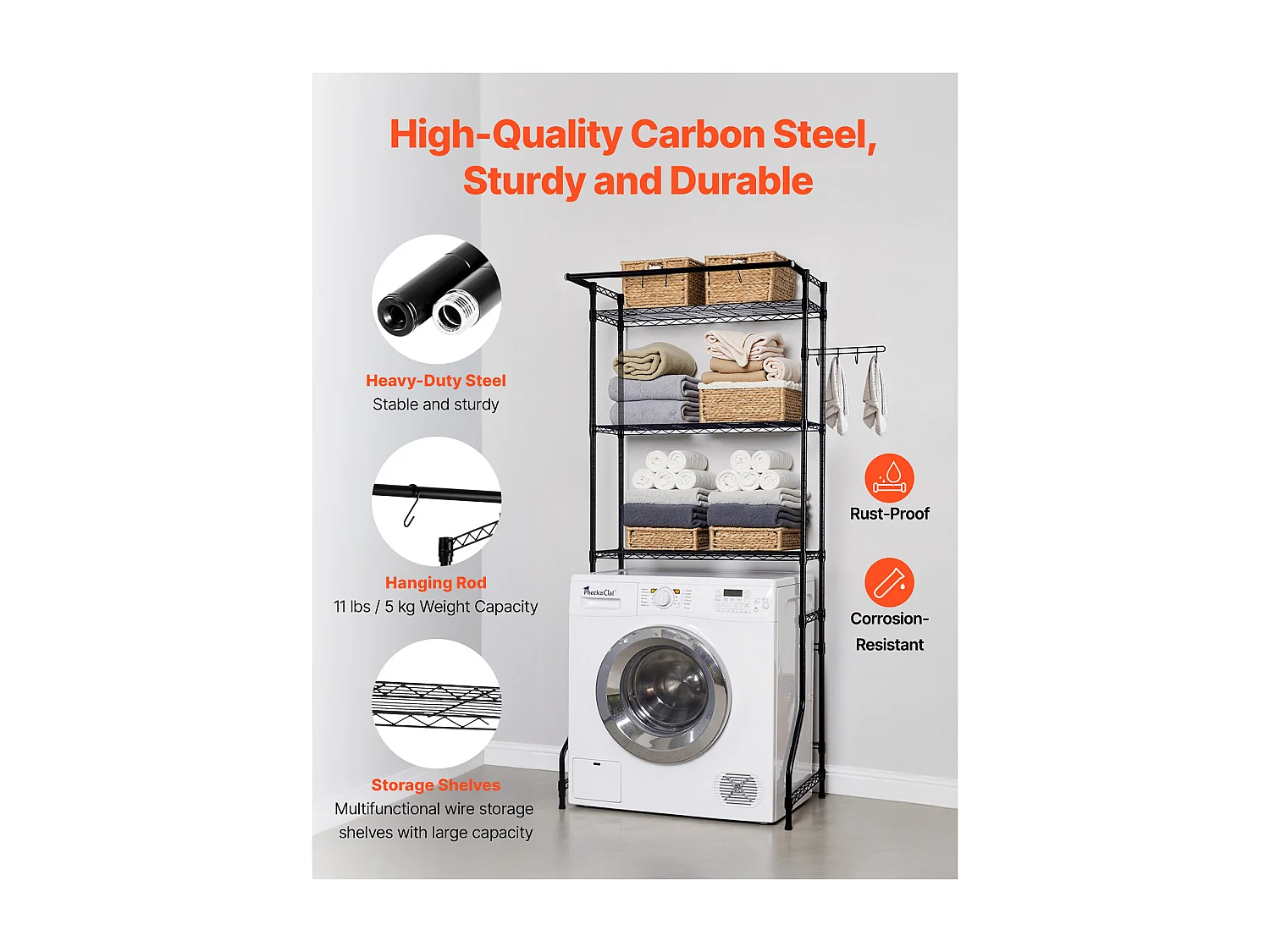 Étagère pour Lave-Linge SucceBuy Étagère de Rangement pour Laveuse et Sécheuse, Une Rangée, Étagère à 3 Niveaux, Noire