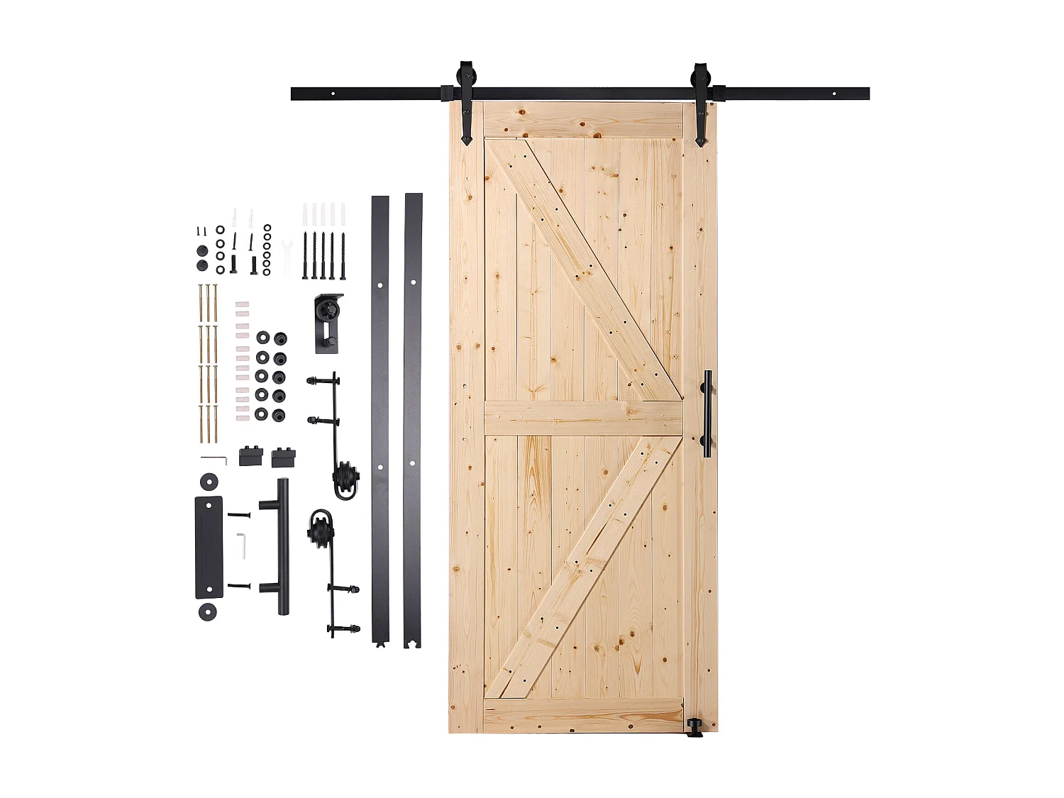 Schuurdeurkit SucceBuy, 91 x 213 cm, Gleufdeur van Spar, Rail en 8-in-1 Hendel, Eenvoudige Installatie