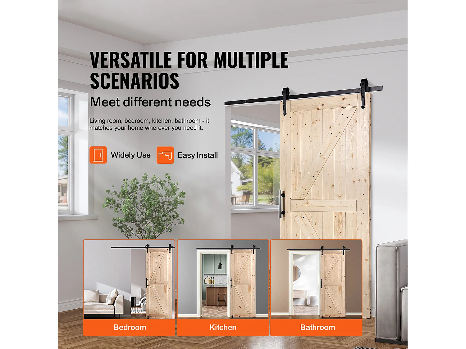 Schuurdeurkit SucceBuy, 91 x 213 cm, Gleufdeur van Spar, Rail en 8-in-1 Hendel, Eenvoudige Installatie