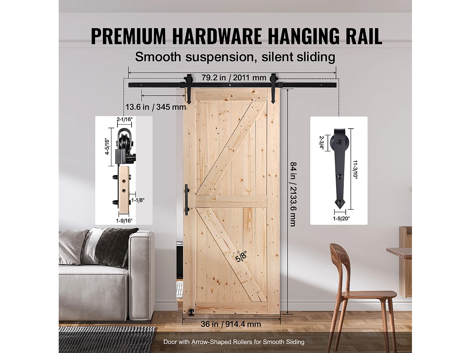 Schuurdeurkit SucceBuy, 91 x 213 cm, Gleufdeur van Spar, Rail en 8-in-1 Hendel, Eenvoudige Installatie