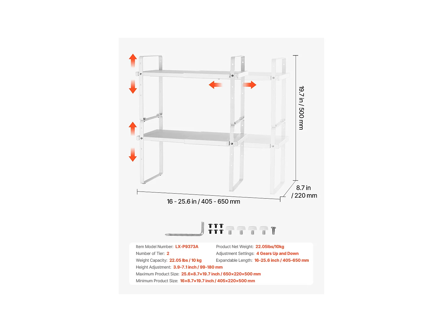 Étagère à Épices SucceBuy Étagère à Épices à 2 Niveaux Ajustable de 99 à 180 mm, Couleur Blanche