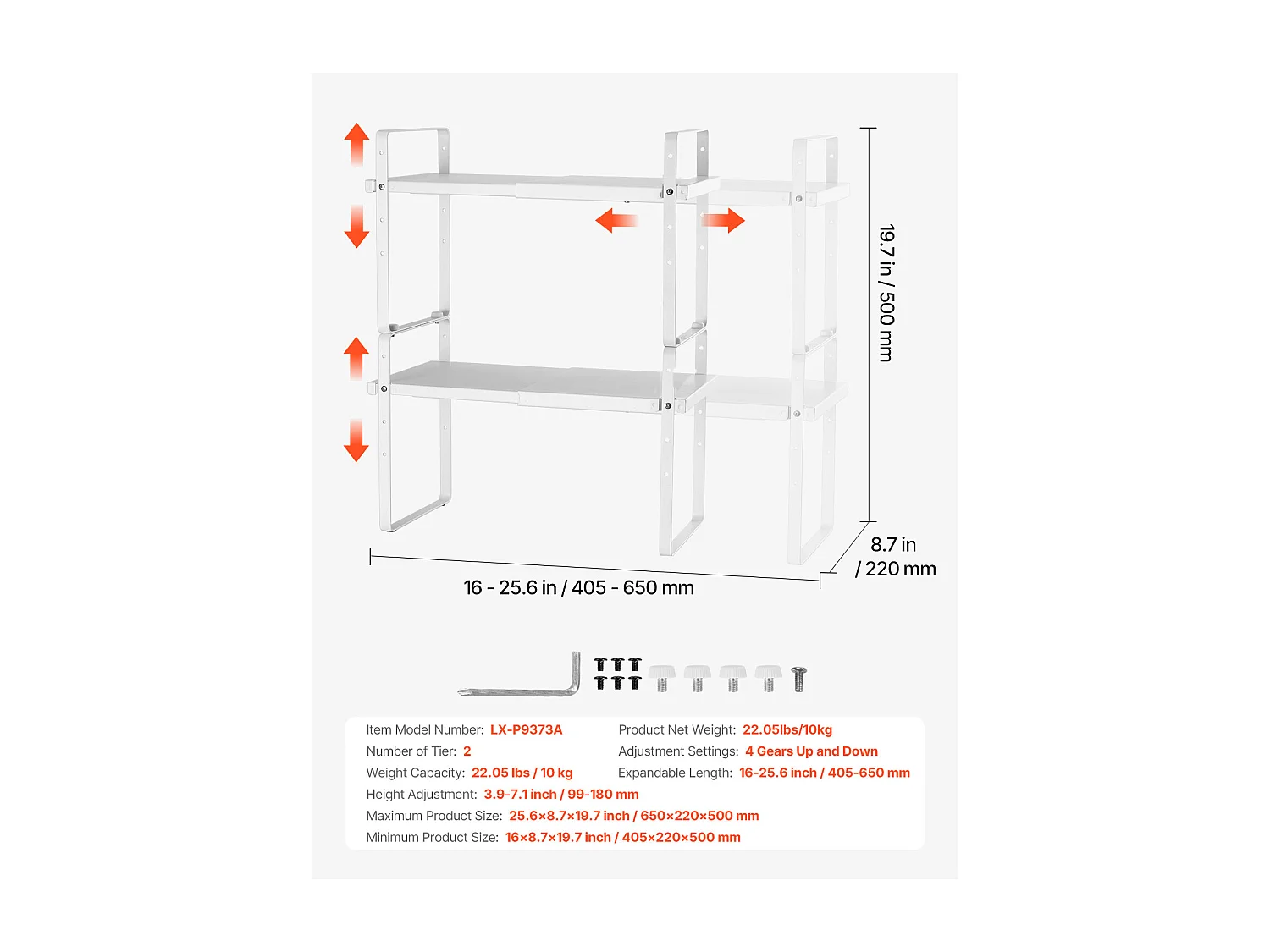 Étagère à Épices SucceBuy Étagère à Épices à 2 Niveaux Ajustable de 99 à 180 mm, Couleur Blanche