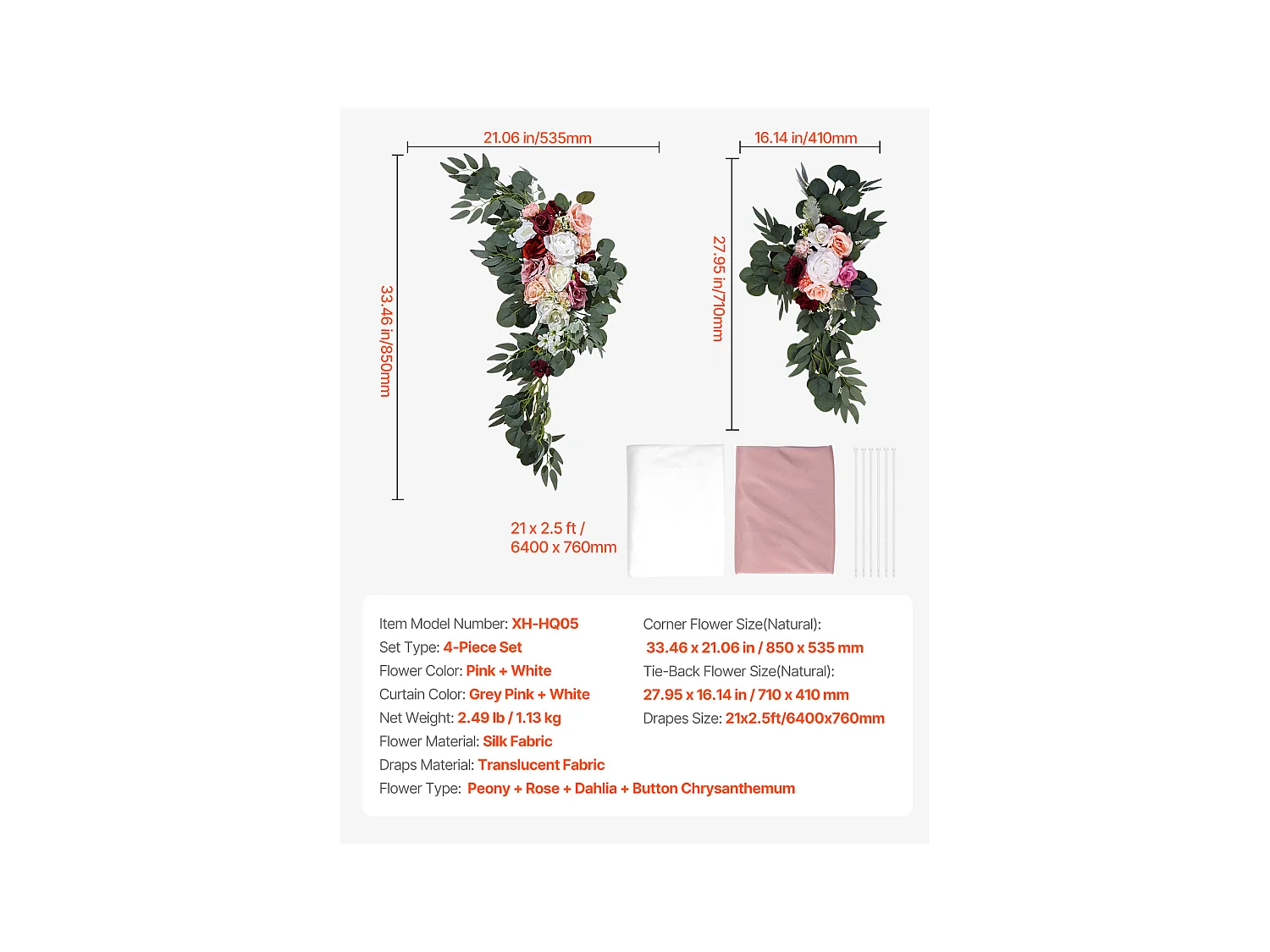 Arche de Mariage SucceBuy Kit de Fleurs Artificielles pour Arche de Mariage - Rose, 2 Fleurs et 2 Rideaux