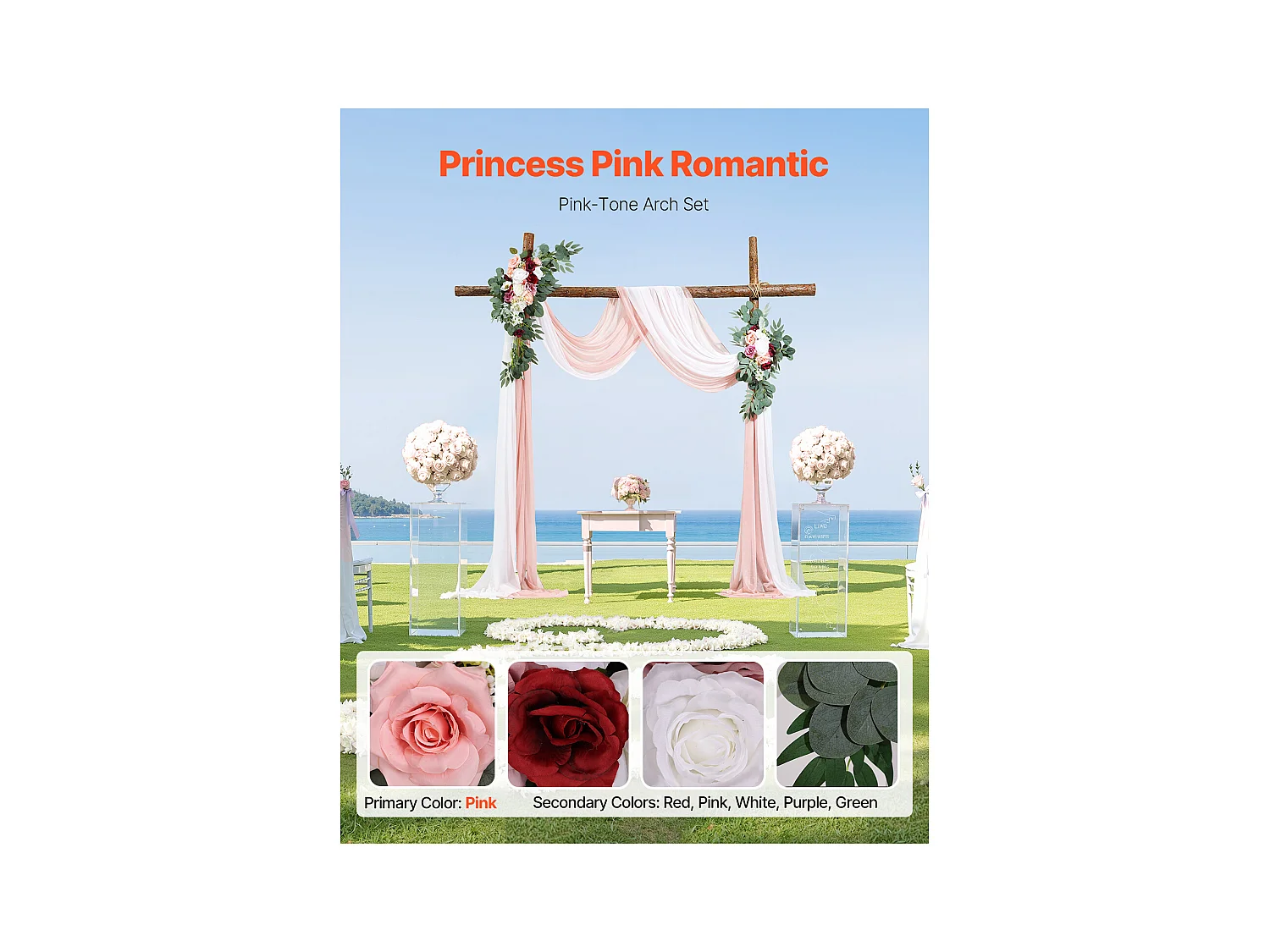 Arche de Mariage SucceBuy Kit de Fleurs Artificielles pour Arche de Mariage - Rose, 2 Fleurs et 2 Rideaux