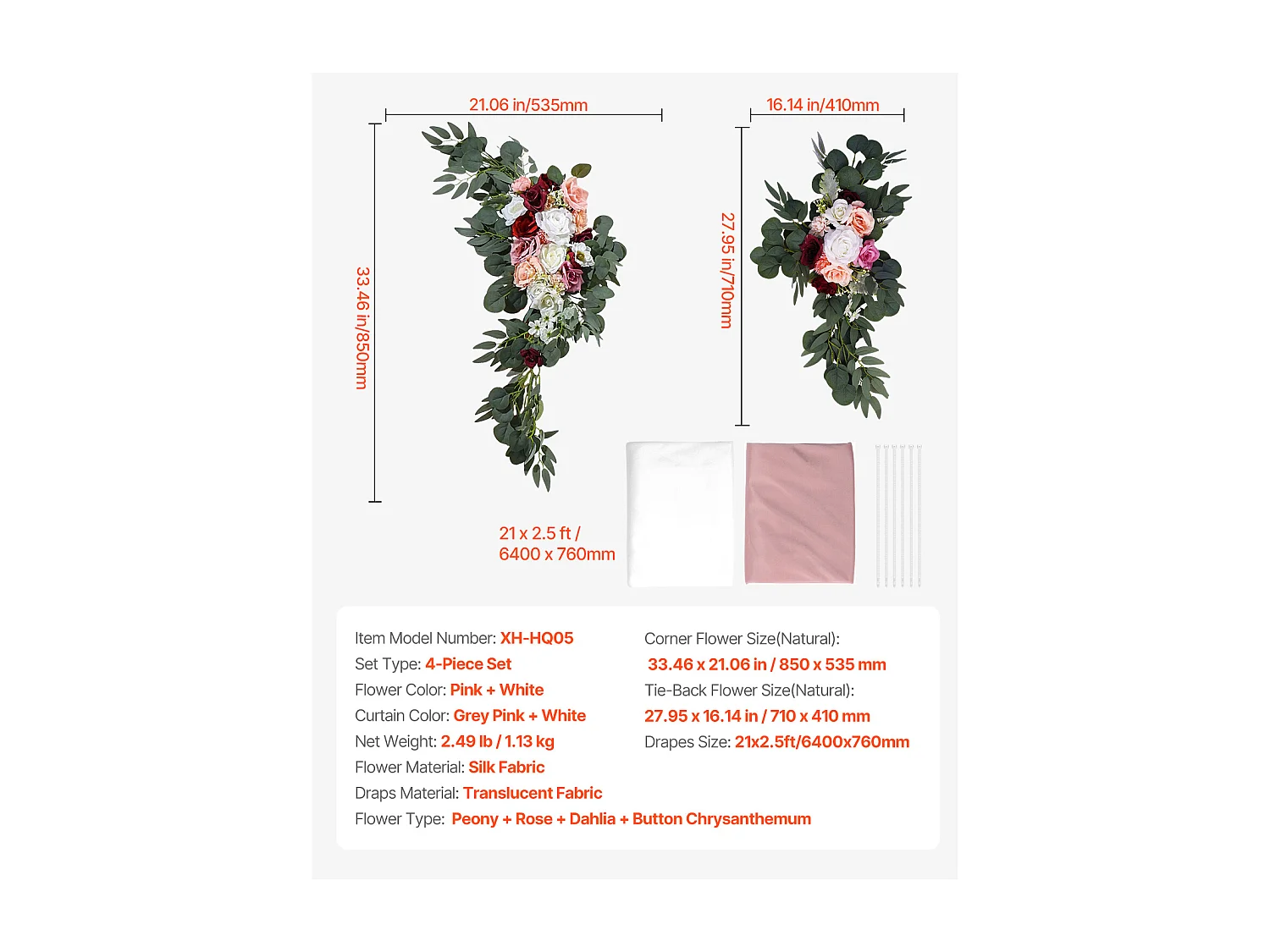 Arche de Mariage SucceBuy Kit de Fleurs Artificielles pour Arche de Mariage - Rose, 2 Fleurs et 2 Rideaux