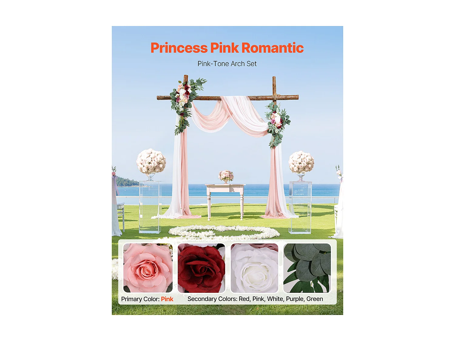 Arche de Mariage SucceBuy Kit de Fleurs Artificielles pour Arche de Mariage - Rose, 2 Fleurs et 2 Rideaux