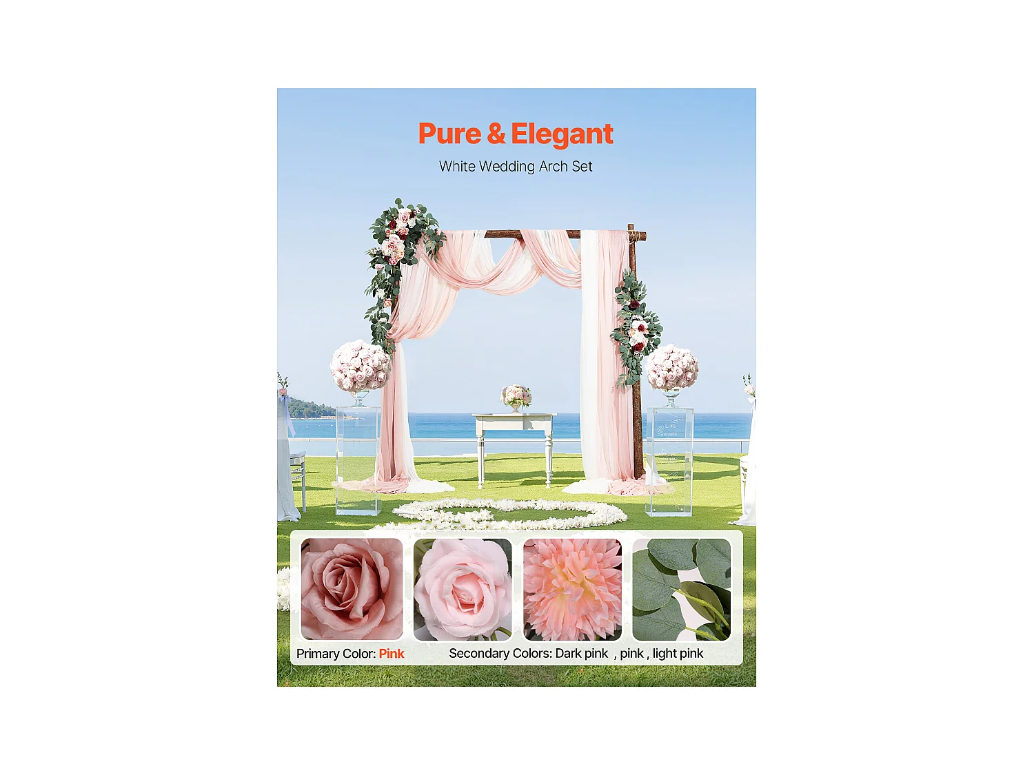 Arche de Mariage SucceBuy Kit de Fleurs Artificielles pour Arche de Mariage - Rose, 2 Fleurs et 3 Rideaux