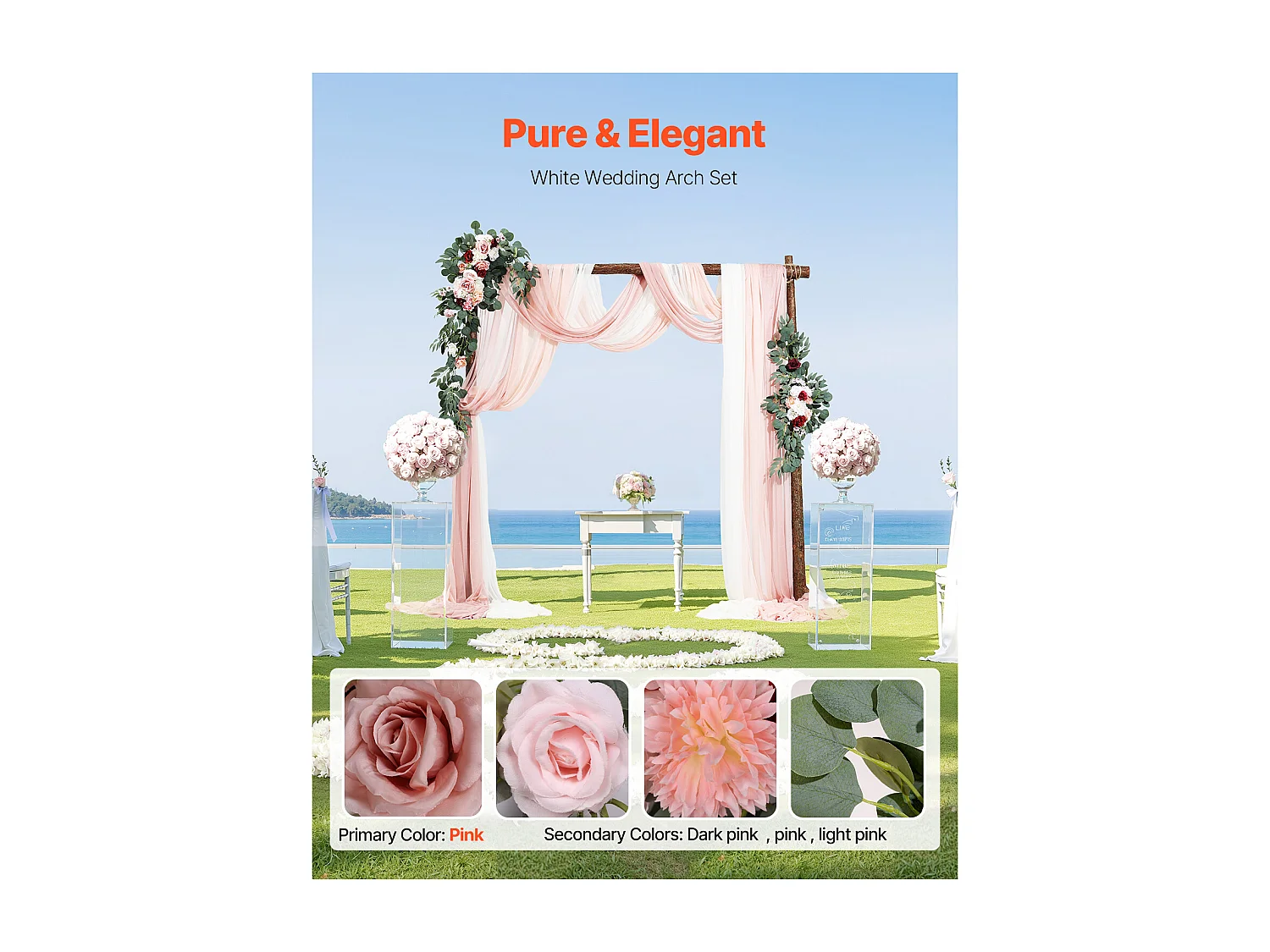 Arche de Mariage SucceBuy Kit de Fleurs Artificielles pour Arche de Mariage - Rose, 2 Fleurs et 3 Rideaux