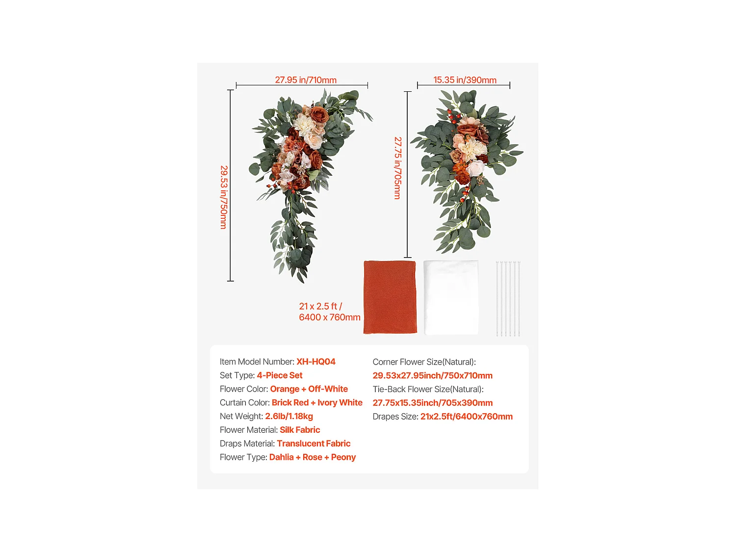 Arche de Mariage SucceBuy Kit de Fleurs Artificielles pour Arche de Mariage Orange, 2 Fleurs et 2 Rideaux