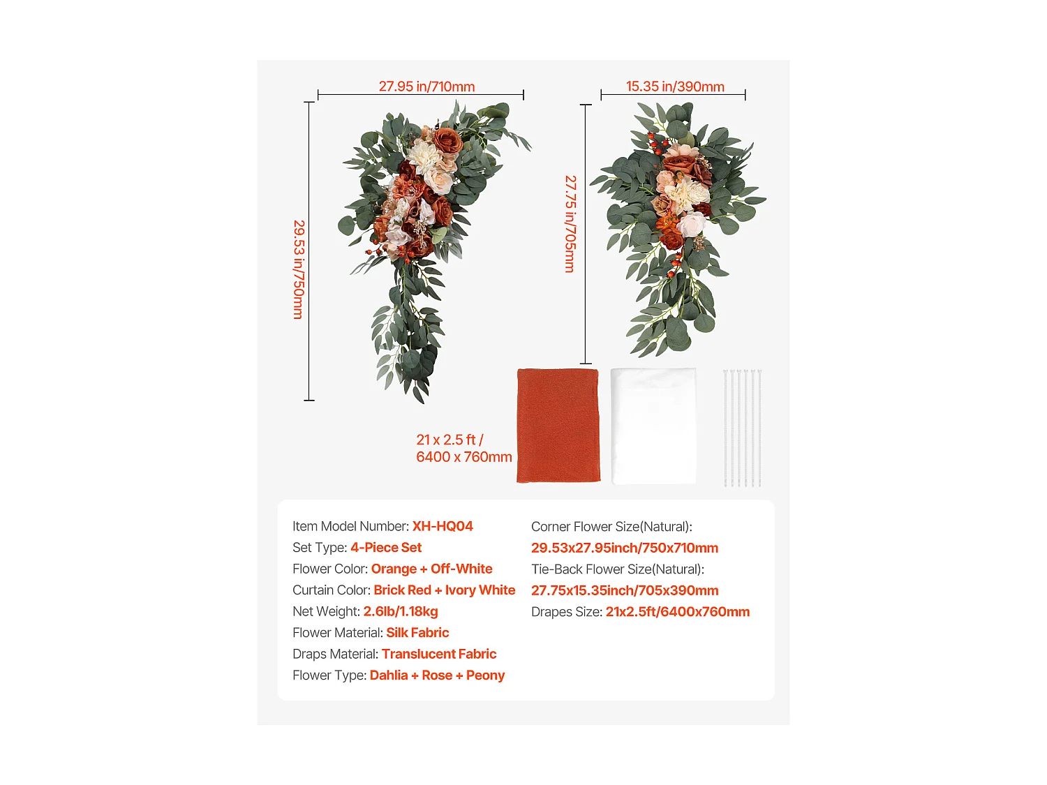 Arche de Mariage SucceBuy Kit de Fleurs Artificielles pour Arche de Mariage Orange, 2 Fleurs et 2 Rideaux