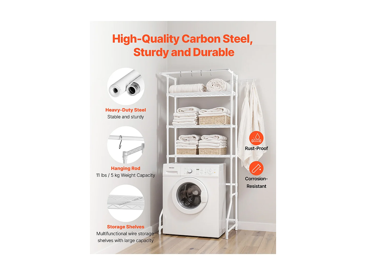 Półka na Pralkę SucceBuy Stojak do Przechowywania Pralek i Suszarek, Pojedynczy Poziom, 3-Poziomowa Półka, Biały