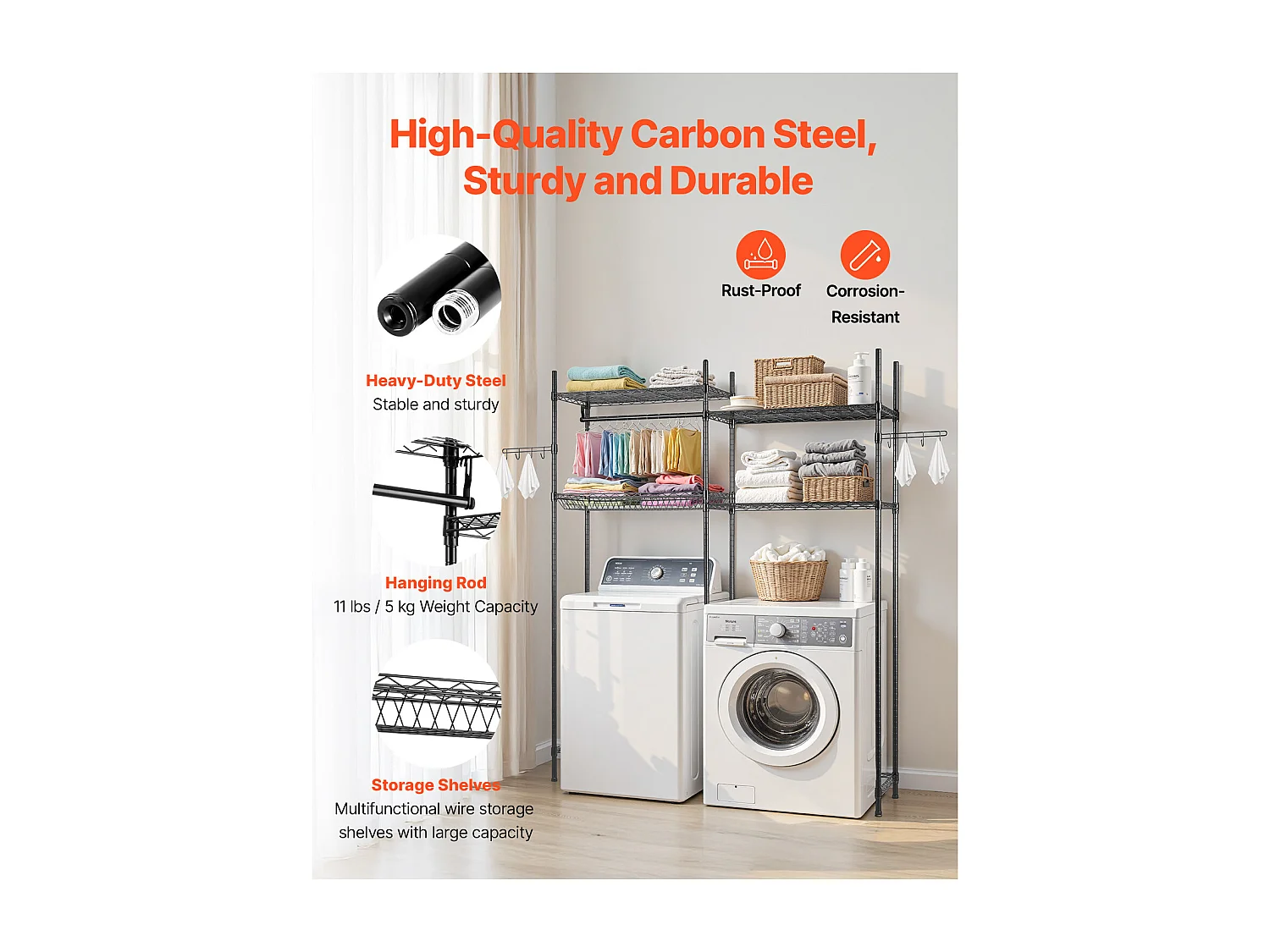 Półka na Pralkę SucceBuy 4-Poziomowy Stojak do Przechowywania Pralek i Suszarek, Czarny