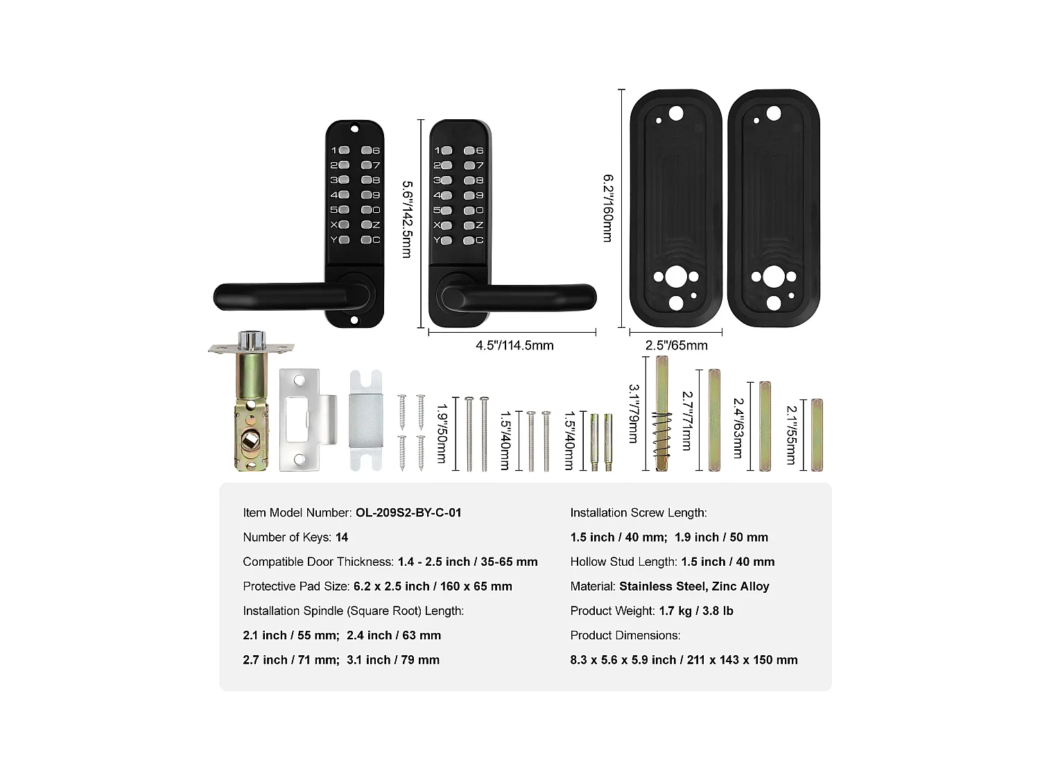 Serrure de Porte d'Entrée Mécanique Sans Clé SucceBuy, Clavier à 14 Chiffres, Double Face