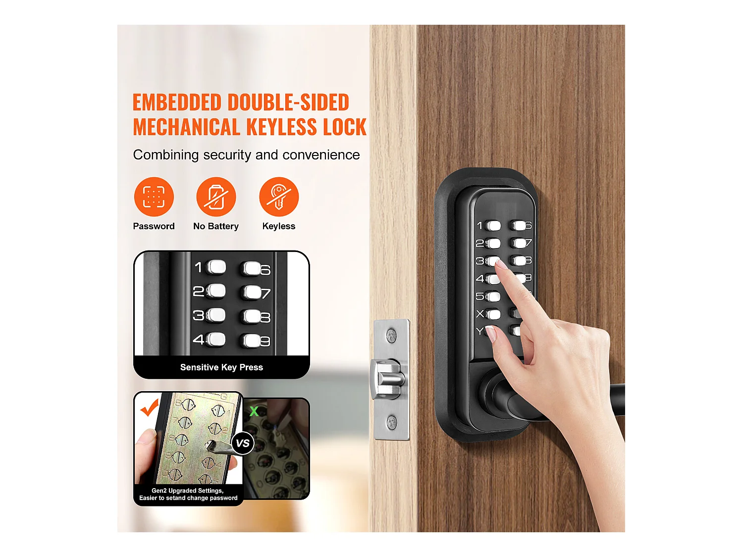 Serrure de Porte d'Entrée Mécanique Sans Clé SucceBuy, Clavier à 14 Chiffres, Double Face