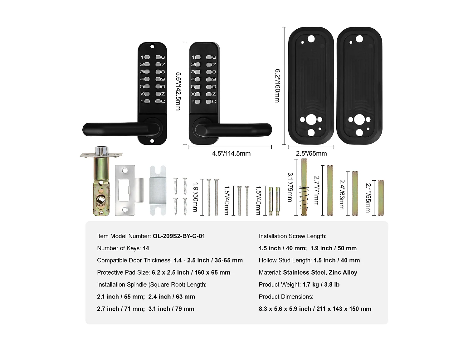 Serrure de Porte d'Entrée Mécanique Sans Clé SucceBuy, Clavier à 14 Chiffres, Double Face
