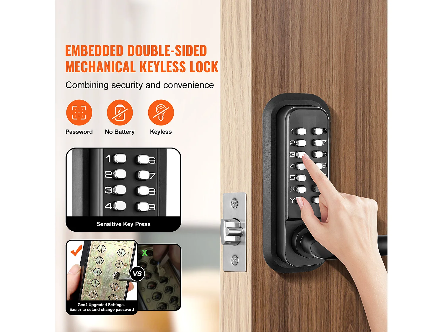 Serrure de Porte d'Entrée Mécanique Sans Clé SucceBuy, Clavier à 14 Chiffres, Double Face