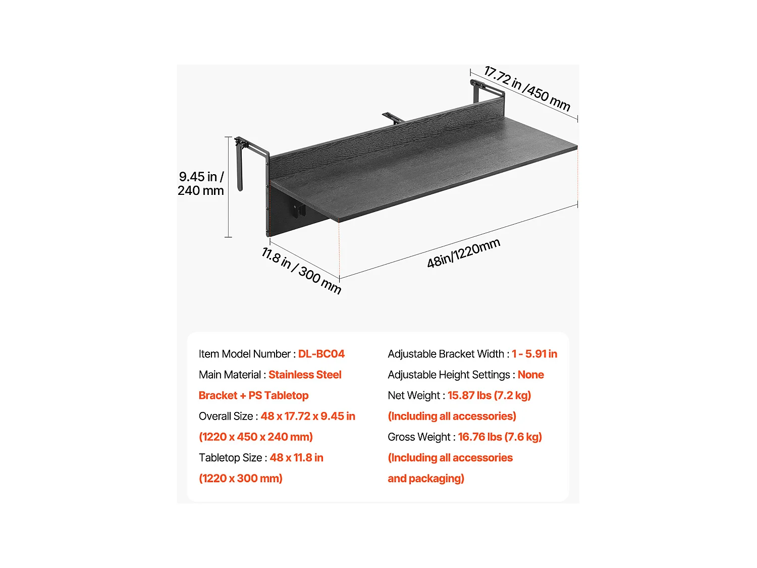 Table Suspendue SucceBuy 30 x 122cm Garde Corps de Patio Extérieur Pliable, Capacité de Charge de 23kg, pour Patio et Terrasse en Extérieur