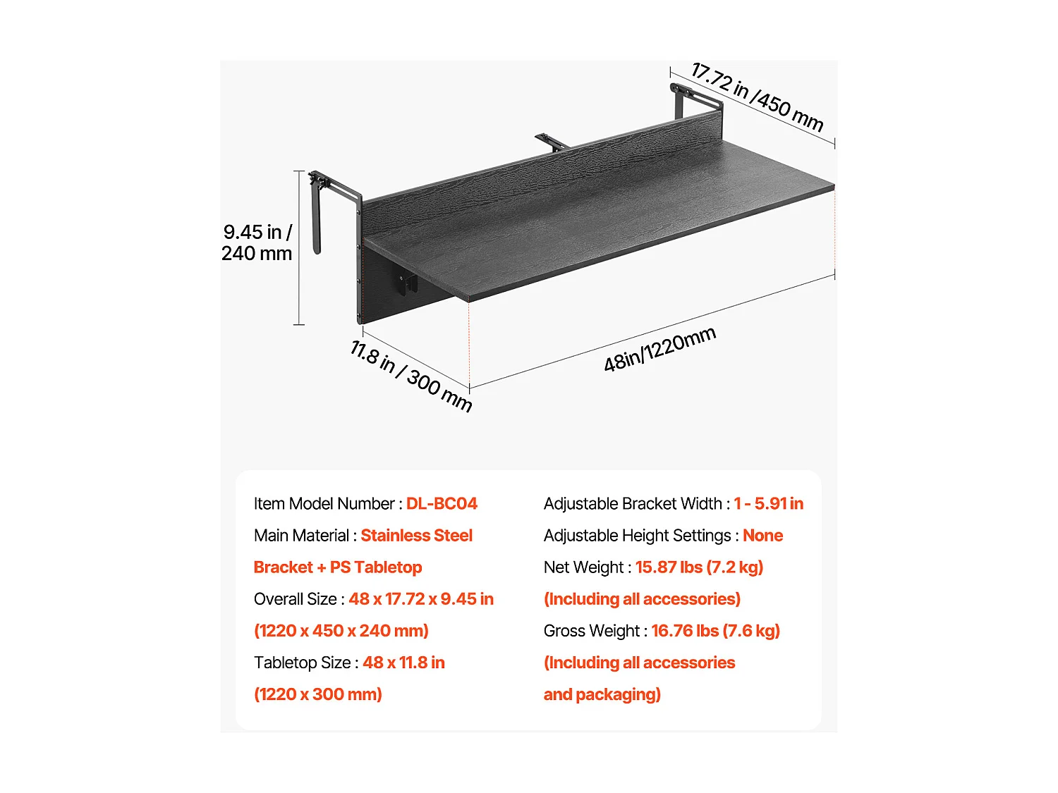 Table Suspendue SucceBuy 30 x 122cm Garde Corps de Patio Extérieur Pliable, Capacité de Charge de 23kg, pour Patio et Terrasse en Extérieur