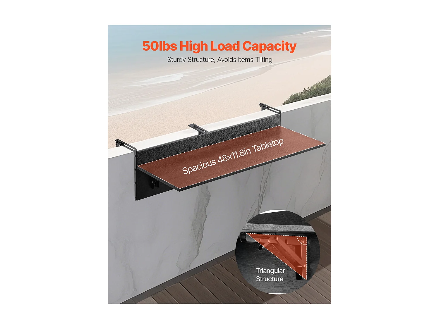 Table Suspendue SucceBuy 30 x 122cm Garde Corps de Patio Extérieur Pliable, Capacité de Charge de 23kg, pour Patio et Terrasse en Extérieur