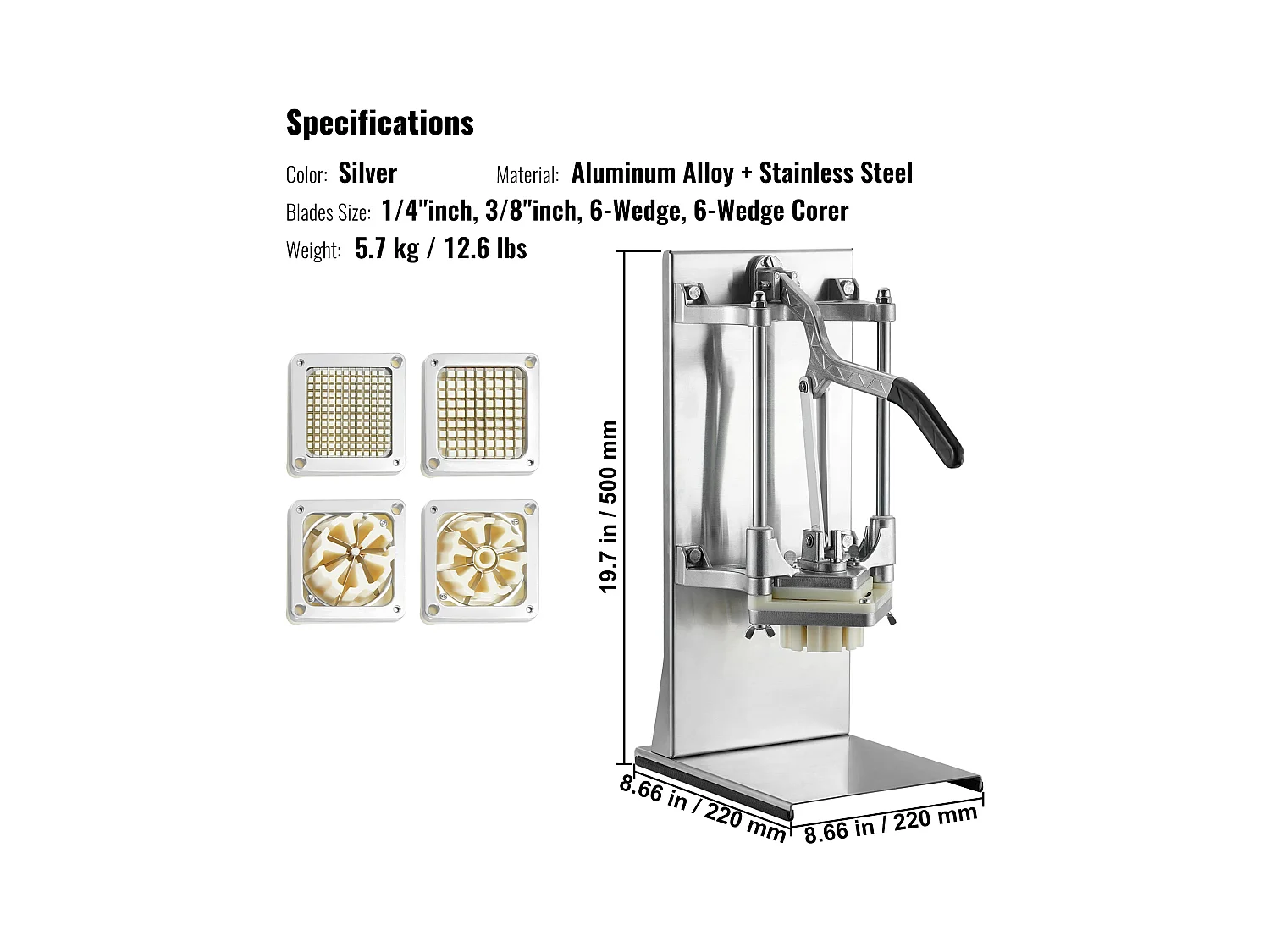 Commerciële Friet- en Groentesnijder SucceBuy, Frietsnijder met 4 Messen, Hoeksnijder